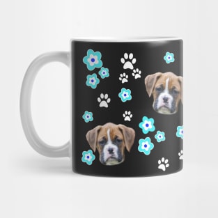 Fawn Boxer Puppy, on Blue with Flowers Mug